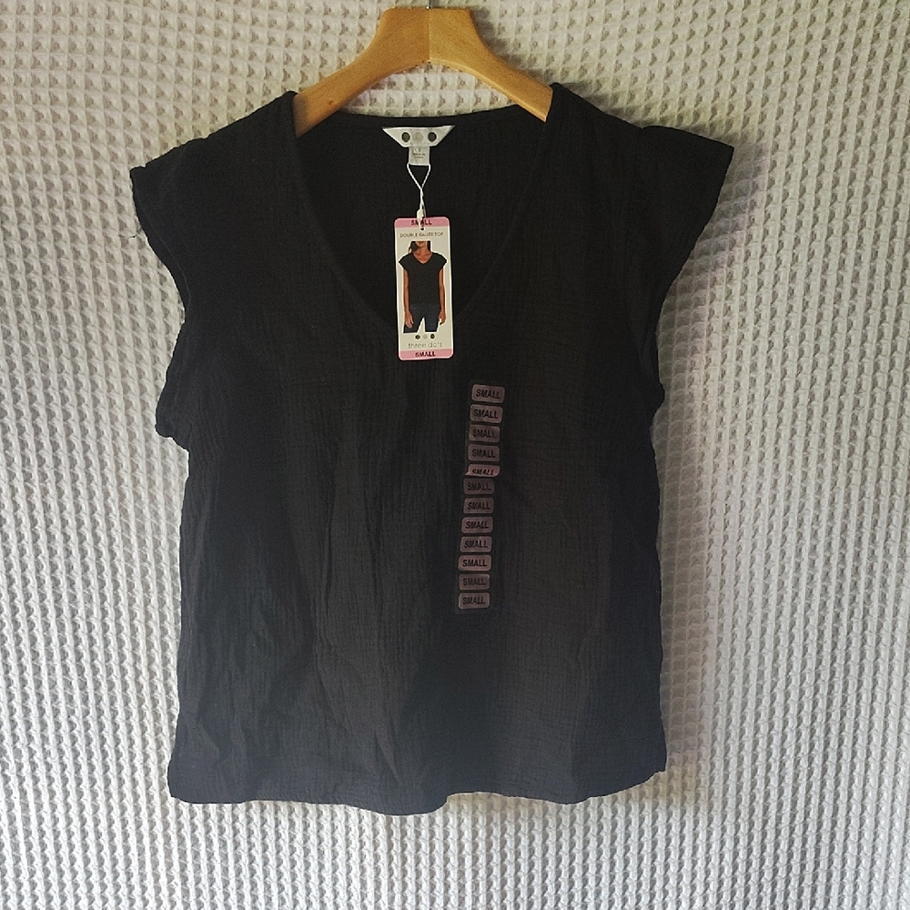 Three Dots Black V-Neck Women's Double Gauze Top NWT Small